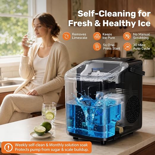 Sweetcrispy Countertop Ice Maker with Scoop, Basket and Handle, Portable Ice Machine 9 Cubes Ready in 6 Mins, 26.5lbs in 24Hrs, 2 Sizes for Home Kitchen Office Bar Party
