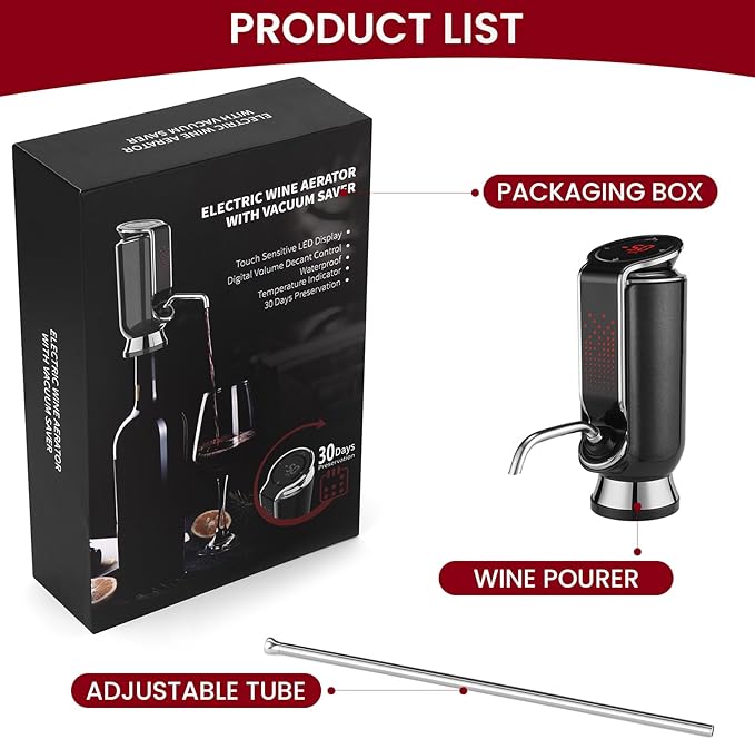 BLUBYEES Luxurious 4-in-1 Electric Wine Aerator, Decanter, Dispenser & Vacuum Saver with LED Display - Wine Pourer Gift for Women and Wine Lovers