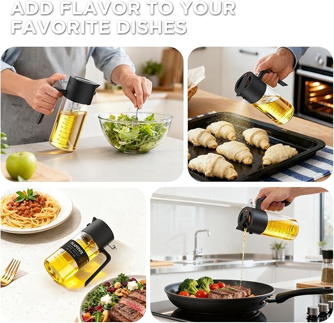 PLAPITATE 2Pcs 17oz Premium Olive Oil Sprayer for Cooking, 2 in 1 Glass Olive Oil Dispenser Bottle for Kitchen Gadgets, Spray Bottle with Portion Control for Salad, Frying, BBQ (2 Black)