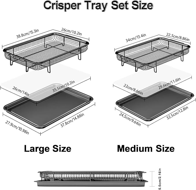 Air Fryer Basket for Oven,2 Set Stainless Steel Air Fryer Basket and Tray Set with 60 Sheets Parchment Papers,THORSES Non-Stick Air Fryer Pan and Crisper Tray-Black Large14.88"×10.98"Medium13.4"×9.6"