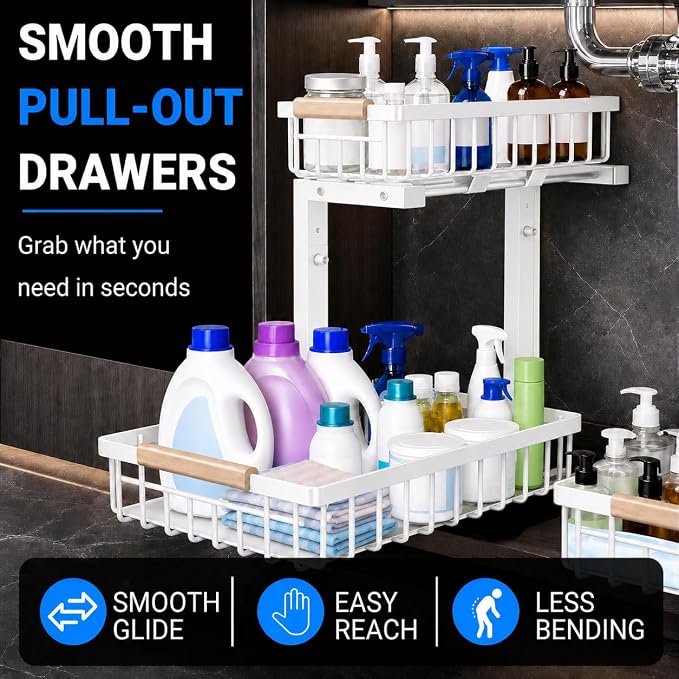 𝐆ee𝐁om Under Sink Organizer, Pull Out Kitchen Storage Cabinet Organizer, 2-Tier Metal Slide Out Shelf for Bathroom Laundry Kitchen Storage with Drawers, 11.8"W x 15.9"D x 13.8-16.9"H, White, 2 Pack