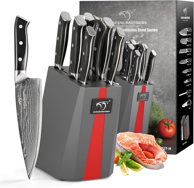 NANFANG BROTHERS Knife Set, 9 Pieces Damascus Kitchen Knife Set with Block, ABS Ergonomic Handle for Chef Knife Set, Knife Sharpener and Kitchen Shears, Knife Block Set