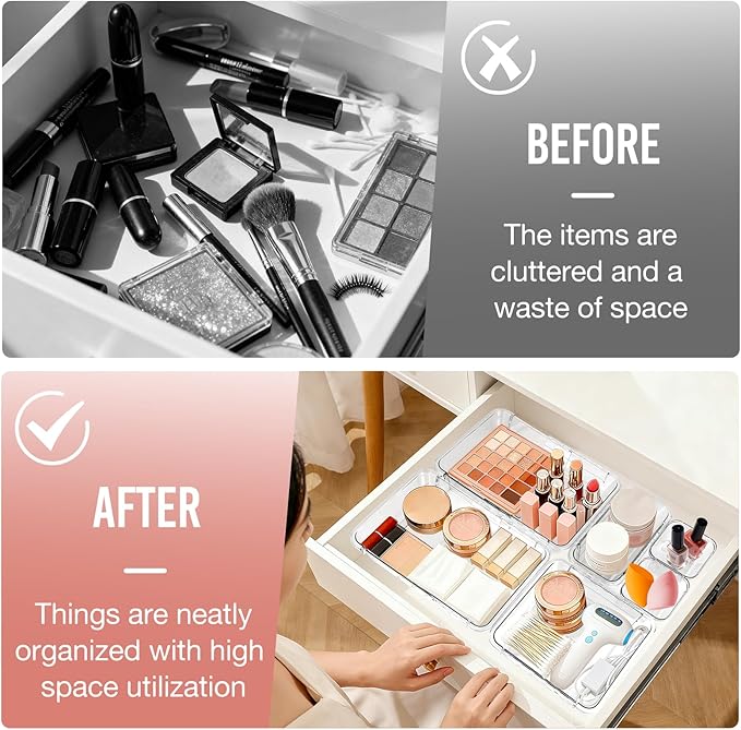 IAMGlobal 25PCS Extendable Clear Drawer Organizer, 3-Size Adjustable Vanity Drawer Organizer for Makeup, Cosmetic, Stackable Acrylic Storage Bins for Bathroom, Kitchen, Office