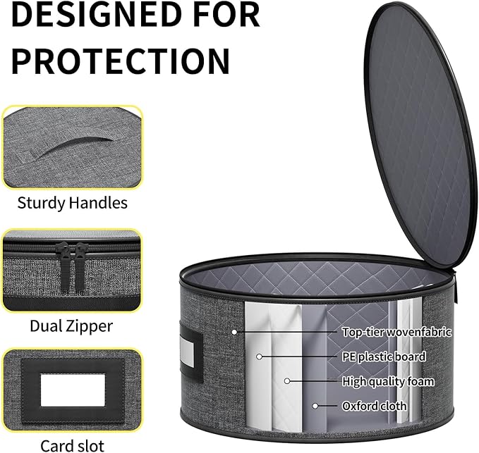 Aokeyee 4-Piece Plate Storage Box, Hard Shell Storage Containers with 48 Soft Dividers for Saucer, Dessert, Salad & Dinner Plates, Sturdy Quilted Stackable Dish Organizer for Moving & Protection, Grey