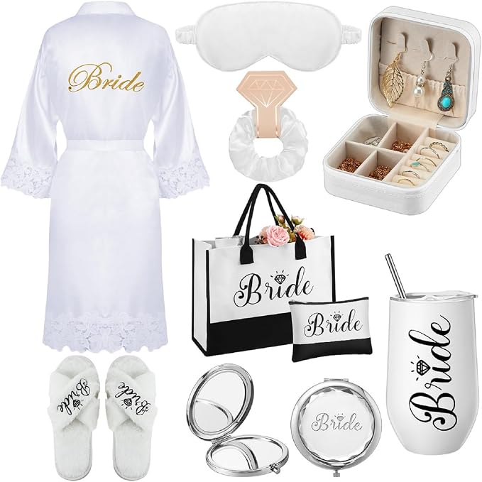 JaGely 9 Pcs Bride to Be Gifts Set Bridal Shower Bachelorette Wedding Gifts with Robe Slippers Tumbler Tote Bag & Bridal Kit
