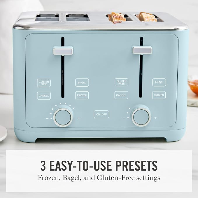 Martha Stewart 4 Slice Toaster, 10 Shade Settings with Defrost, Cancel, Bagel & Gluten-Free, Extra-Wide Self-Centering Slots for Waffles & Artisan Bread, Removable Crumb Tray, Cord Wrap, 1800W, Sky