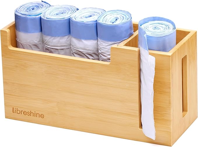 Libreshine Bamboo Trash Bag Dispenser & Holder 1.2–4 Gallon, No-Drill Adhesive Wall Mount & Cabinet Door, Fits Up to 3.3” Diameter Rolls, Mini Garbage Bag Organizer for Kitchen Under Sink