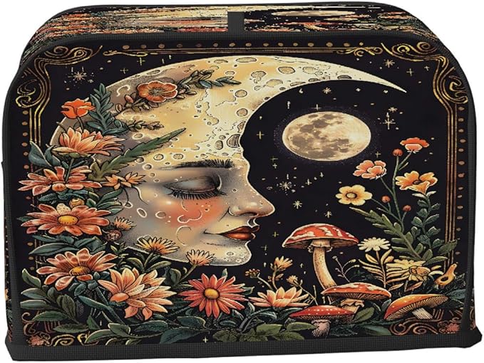 Flowers Moon Mushroom Face Toaster Cover 4 Slice Dust and Fingerprint Protection Toaster Bread Maker Covers Washable Kitchen Small Appliance Covers for Kitchen Accessories Decor Bakeware Women Gift