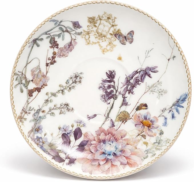 STP GOODS Bone China Tea/Coffee Cup and Saucer in Gift Box Fine Bone China Coffee Cup with Saucer Tea Cup and Saucer Set of One,Porcelain Cup and Saucer (Wildflower Meadow)
