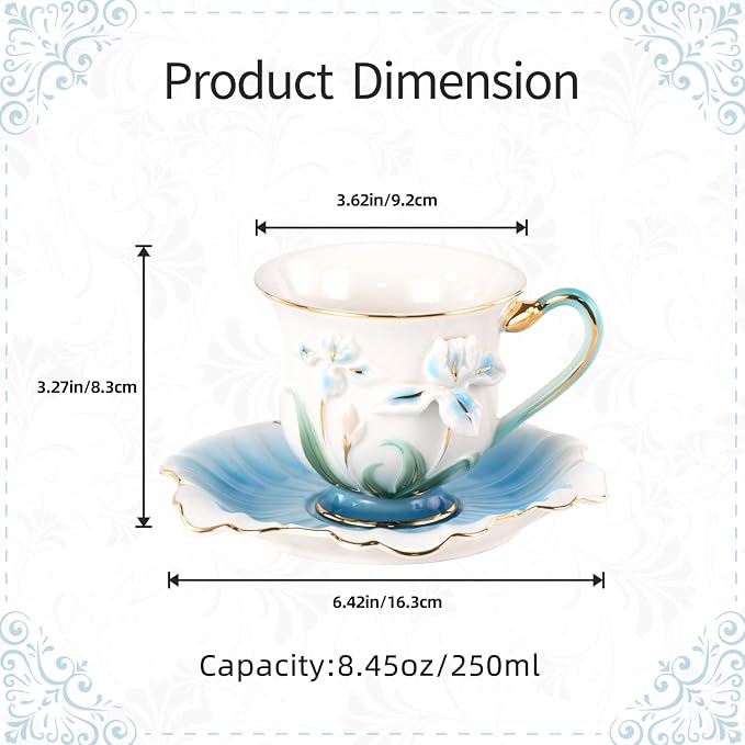 KAMMAK Tea Cups and Saucers Set of 2, Porcelain Coffee Cups, Stackable Espresso Mugs, Ceramic Demitasse for Coffee, Latte, Americano, Tea, Relief - Yellow + Blue
