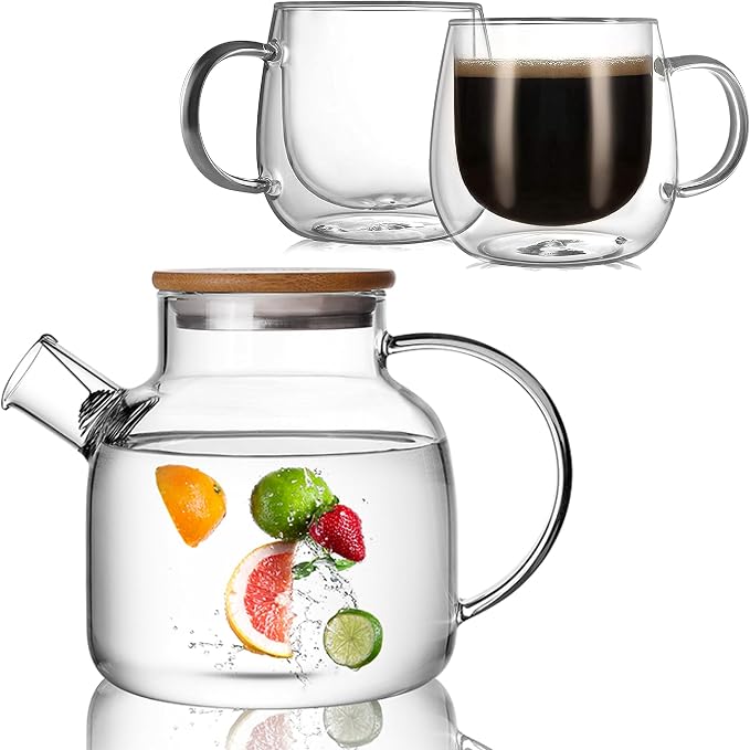 CnGlass Glass Teapot Stovetop Safe 40.6oz with Double Walled Glass Coffee Mugs 10oz(2pack)