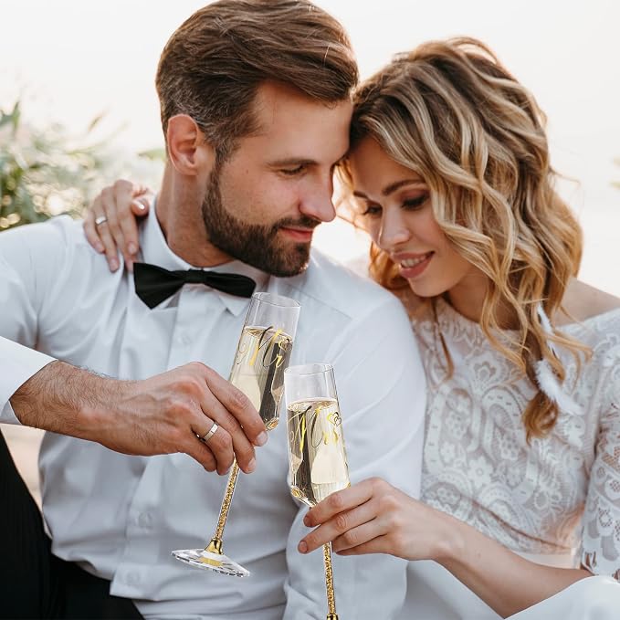 Wedding Cake Knife and Server Set, Champagne Flutes Print Mr and Mrs for Bride and Groom Toasting Glasses Wedding Bridal Shower Gifts