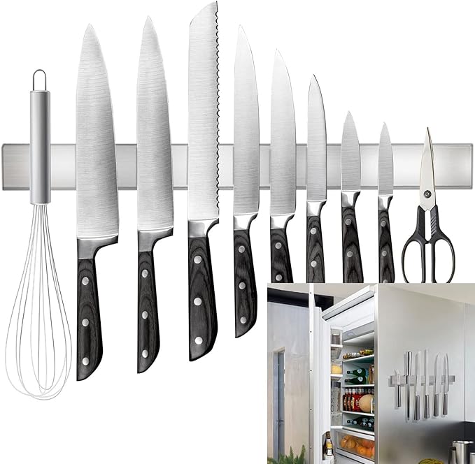 17" Double-Sided Knife Strip, Premium SUS304 Stainless Steel Magnetic Knife Holder for Refrigerator & Wall, Can be Used as Knife Rack, Tool Holder, and More