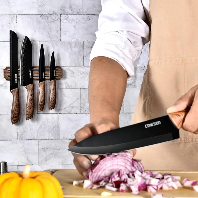 Cohesion 5 PCS Kitchen Knife Set with Magnetic Knife Holder for Wall, Ultra Sharp Chef Boxed Knife Set With Sheathes for Multipurpose Cooking with Ergonomic Handle