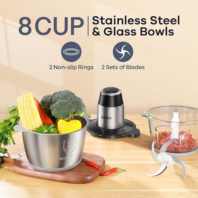 GANIZA Food Processors, Electric Chopper with Meat Grinder & Veggie Chopper - 2 Bowls (8 Cup+8 Cup) with Powerful 450W Copper Motor - Includes 2 Sets of Bi-Level Blades, 1 Small Clean Brush