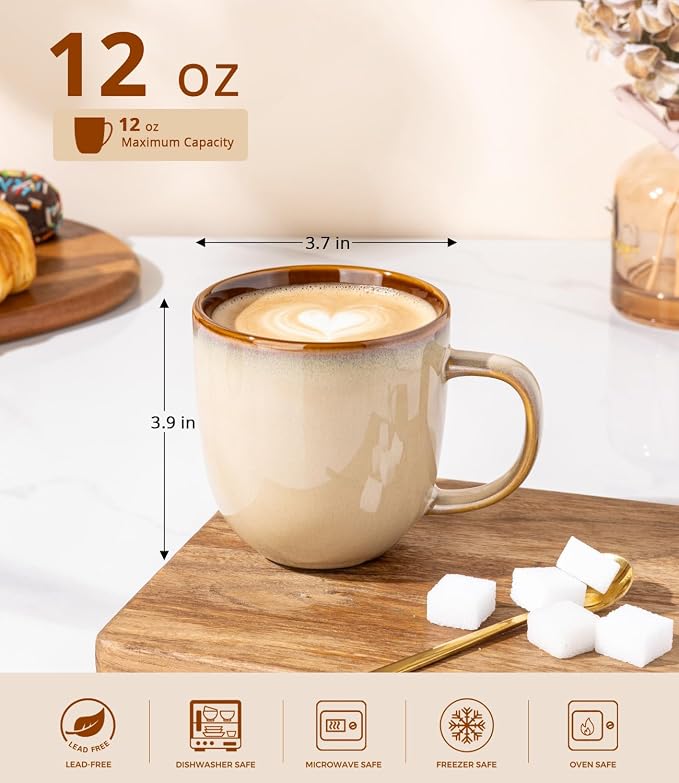 LERATIO Ceramic Coffee Mugs Set of 6,12oz Handmade Coffee Mugs Set with Large Handle for Cappuccino/Latte/Tea/Hot Cocoa, Dishwasher & Microwave Safe-Pale Kahki