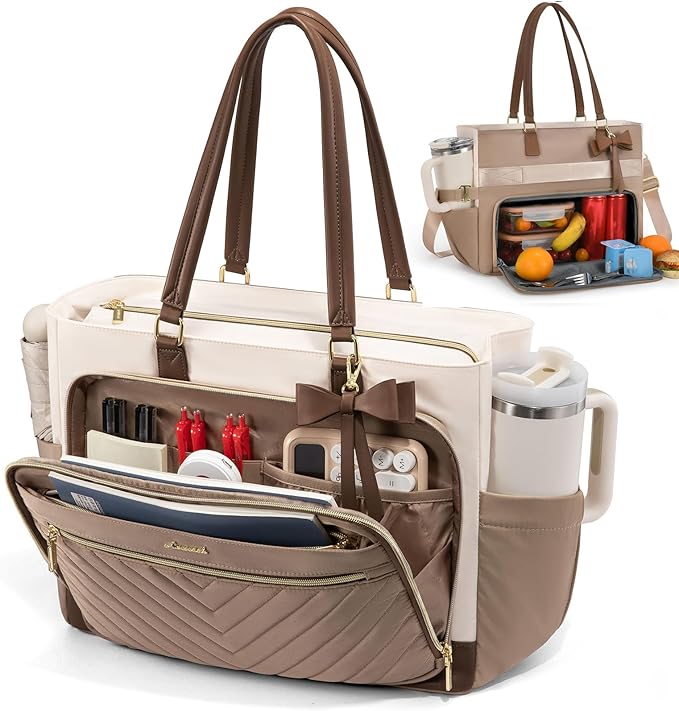 LOVEVOOK Lunch Bag, Insulated Lunch Bag with Laptop Compartment, Large Capacity Work Tote for Women, Teacher Tote Bag with Zipper Leakproof for Teacher, Nurse, Office, Khaki-Beige-Coffee, 15.6 Inch