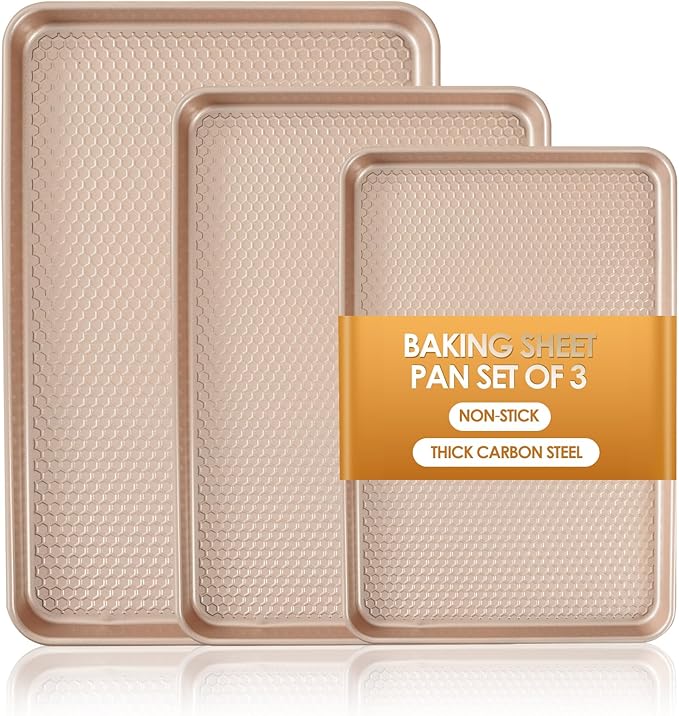 Baking Sheet Pan Set of 3, Nonstick Carbon Steel Cookie Sheets with Texture | Commercial Half/Quarter/Jelly Roll Pans Replacement Toaster Oven Tray, Heavy Duty & Easy Clean
