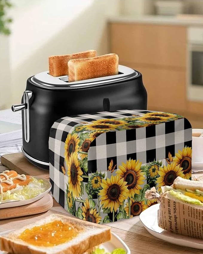 Sunflower Checkered Toaster Cover 2 Slice, Black Buffalo Plaid Dustproof Bakeware Oven Protector with Top Hook, Pastoral Flowers Waterproof Small Kitchen Appliance Toasters Dust Cover, 11"x6"x8"