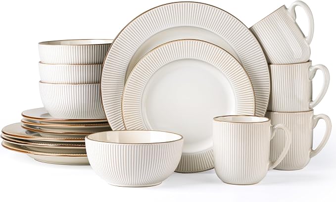 GBHOME Ceramic Dinnerware Sets,16 pcs Embossed Elegant Stoneware Plates and Bowls Sets, Housewarming Wedding Gift | Dishwasher & Microwave Safe | Dishes Set Service for 4