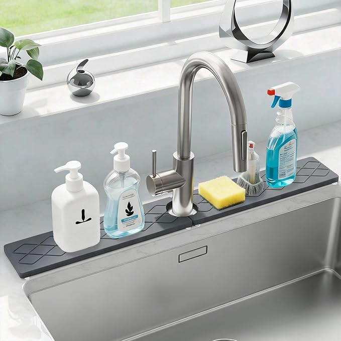 Diatomite Sink Splash Guard, Faucet Mat for Kitchen Sink 30" x 4", Super Absorbent Quick Drying Stone Mat, Faucet Splash Guard for Bathroom Counter, Matte black