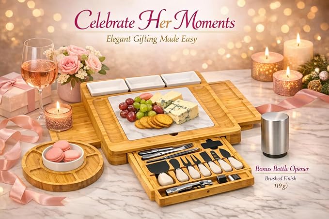 Charcuterie Board Set with Drawer & Bowls, Bamboo Cheese Board with Knife Set & Stainless Steel Bottle Opener, Large Serving Board for Entertaining, Housewarming & Wedding Gifts