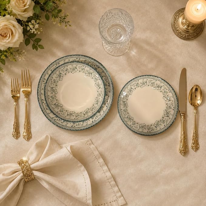 Tudor Royal 12-Piece Round Porcelain Dinnerware Set, Service for 4 - Aster Green Design, Multicolor Floral, Plates Bowls Mugs Dishes, Premium Quality Tableware, Unique Pattern, Glossy