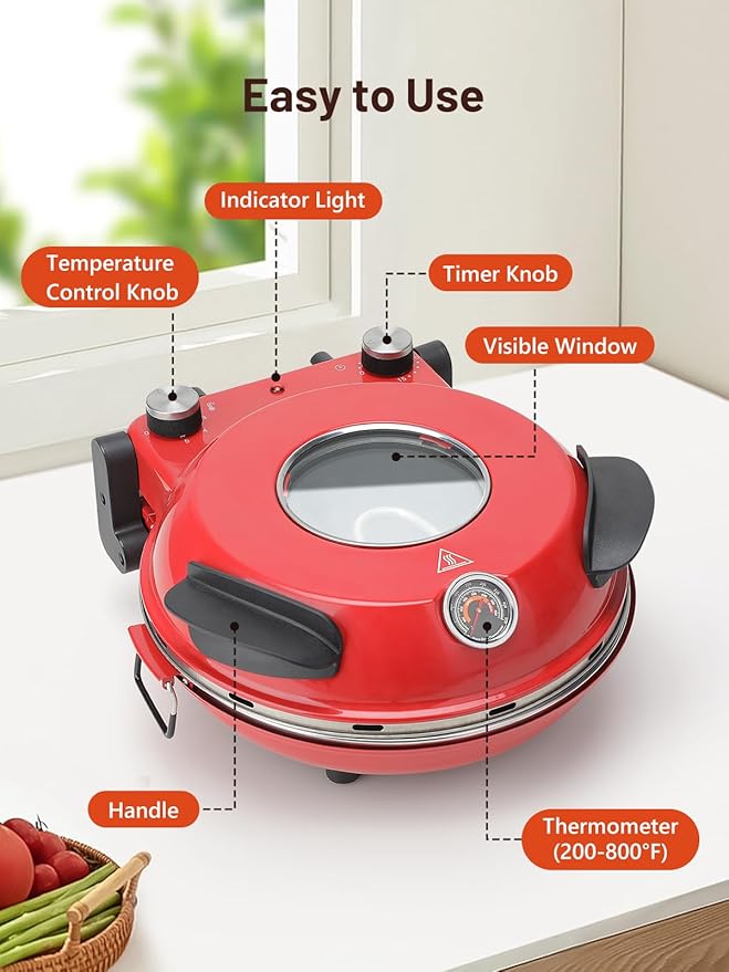 KEENSTAR Pizza Oven Indoor 12-Inch, Countertop Glazed Ceramic Stone Pizza maker with Adjustable Timer, 1200W Heat up to 800°F, Electric Pizza Cooker with Viewing Window Baked Pizzeria Style at Home