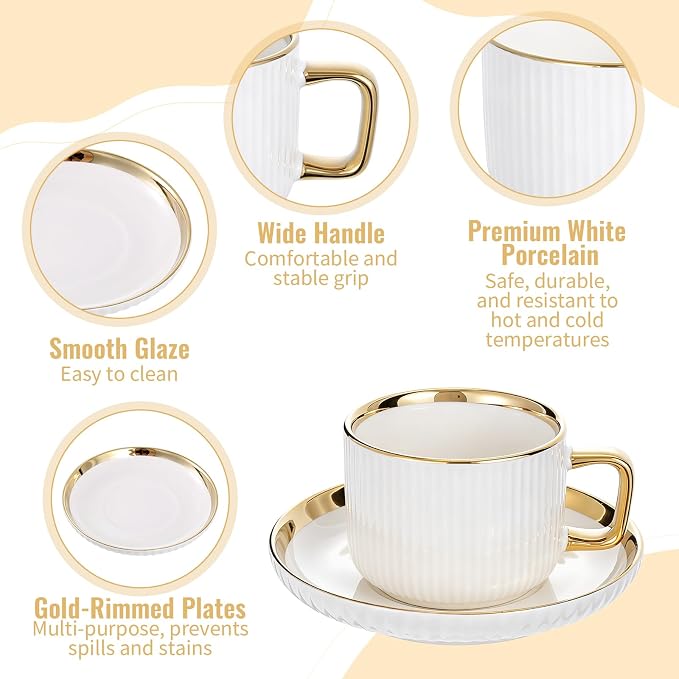 8.5oz Cappuccino Cups with Saucers Set of 6, Ceramic Coffee Cup and Saucer with Gold Rim, Vertical Ribbed Latte Mugs, White Porcelain Tea Cup Set for Wedding, Cafe, Party & Daily Use