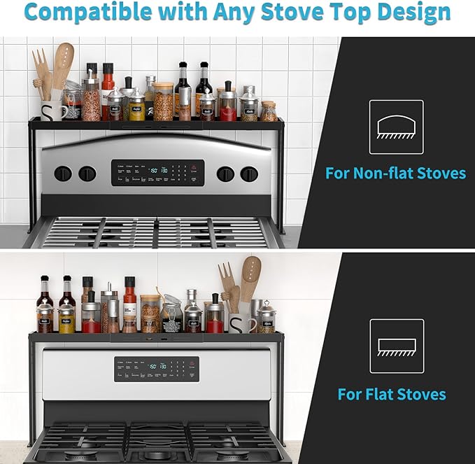 BOIVSHI Stove Top Shelf, Kitchen Over Shelf for Stove, Stove Spice Rack for Top, Adjustable 27-33inch, Fits Various Stove Lengths, Kitchen Spice Organizer, Condiments and BBQ Sauces, Black