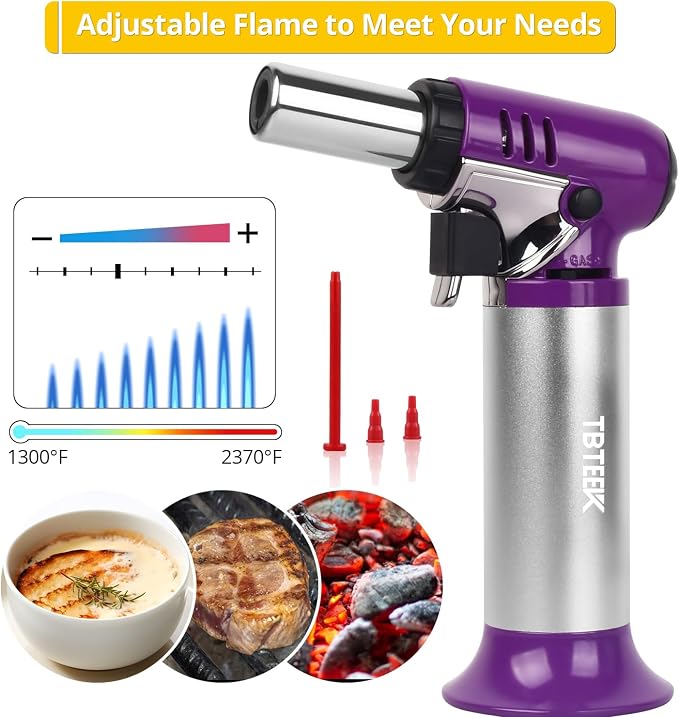 TBTeek Butane Torch with Fuel Gauge T907, One-hand Operation Kitchen Torch Lighter with Adjustable Flame for BBQ, Baking, Brulee Creme, Crafts and Soldering(Butane Gas Not Included), Purple