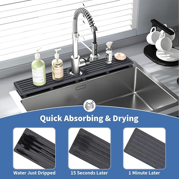 Stone Faucet Mat for Kitchen Sink, Water Absorbing Sink Water Splash Guard, Fast-Drying Kitchen Sink Faucet Mat, Durable Protector and Stone Drying Mat for Kitchen Counter & Bathroom Sink