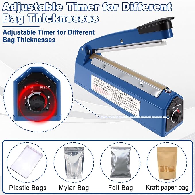 8 Inch Impulse Sealer, Manual Heat Sealer Machine for Mylar Bags, Shrink Wrap Bag Sealers Sealing Machine for Plastic PE PP Bags with 3 Free Replacements Kit Element Grip, Blue