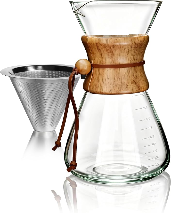 AGOGO Pour Over Coffee Maker Glass - Barista Kit with 304 Stainless Filter for Home, Office, Camping, Cafes - Easy Clean Coffee Dripper Set (Soft Towel&Brush) (34oz Slim Shape w/SS Filter)