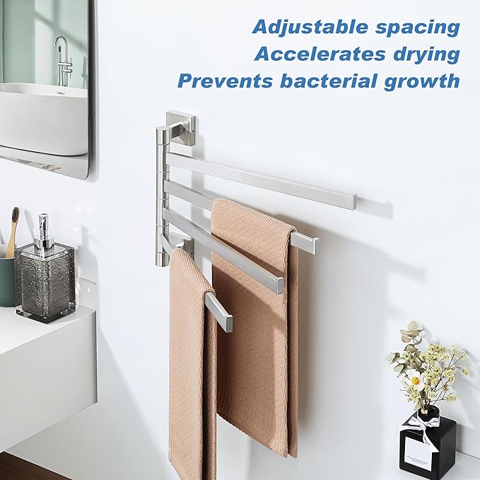 Alise Swivel Towel Rack, 4-Arm Towel Bar, Space Saving Towel Rack Wall Mount Drying Towel Holder, Swing Out Towel Holder for Bathroom Kitchen Toilet, Square SUS304 Stainless Steel, Brushed Nickel