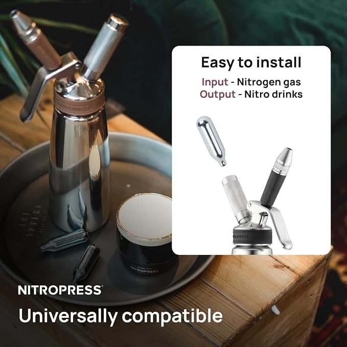 NitroPress Pure Nitrogen Cartridges - N₂ Cartridges for Cold Brew - Food-Grade Nitrogen Chargers for Nitro Cold Brew Coffee, Cocktails, Tea, Beer, Matcha