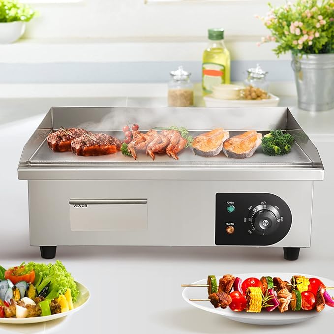 VEVOR Commercial Electric Griddle, 22", 1600W Countertop Flat Top Griddle, Stainless Steel Teppanyaki Grill w/Iron Cooking Plate, 122-572℉ Adjustable Temp Control 2 Shovels & Brushes, 110V