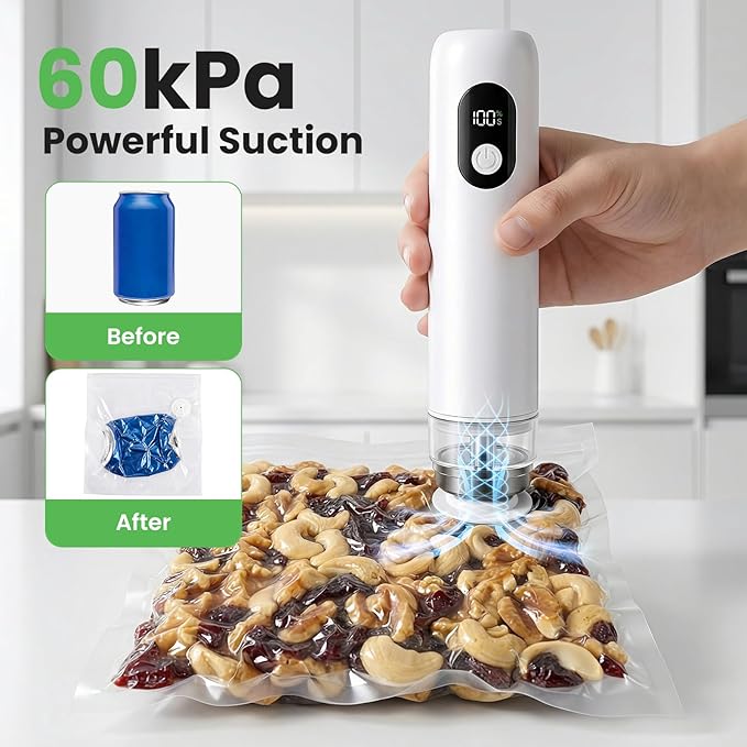 Compact Vacuum Sealer Machine 1500mAh Battery, Handheld Food Sealer with 30 Reusable Bags, 60kPa Suction & USB-C Charging, Portable Vacuum Sealer for Dry/Moist/Canister/Wine