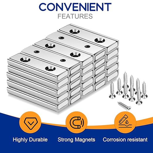 TRYMAG Neodymium Rectangular Magnets 45Lbs, 40 x 13.5 x 5mm Strong Bar Magnets with Countersunk Hole and Steel Capsule, Heavy Duty Industrial Rare Earth Magnets with Screw for Wall Mounting, Pack of 6