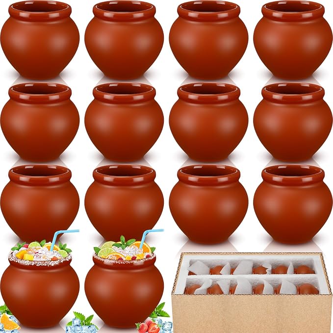 Gejoy 12 Pcs 3oz Cantaritos De Barro Clay Jar Mexican Clay Mugs Fiesta De Barro Mexicanos Cocktail Glasses for Tequila, Margaritas, Mojitos Cold Hot Drinks (Terracotta)