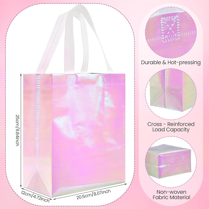 Eccliy Reusable Gift Bags Set Glossy Grocery Gift Tote Bag with Handle for Wedding, Bridal Shower, 4th of July, Summer Event(10 x 8 x 4.7 Inch,Holographic Pink,80 Pcs)