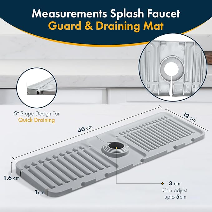 Kitchen Sink Faucet Mat, 2 Pack Silicone Splash Guard and Drip Catcher Tray, Sink Organizer, Sponge Holder & Drying Mat for Countertop (Grey)