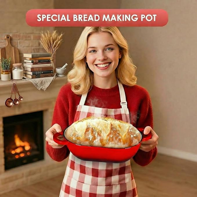 LIFERUN 2.5qt Enameled Cast Iron Dutch Oven for Sourdough Bread Baking, Oven Safe Dutch Oven Pot with Lid, Non-Stick Bread Oven Pot, Red