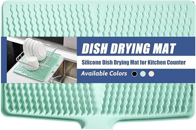 Silicone Dish Drying Mat for Kitchen Counter, Heat-resistant Dish Dryer Mat with Built-in Drain Lip ,Drain Pad Protects Surfaces Prevents Water Build UP (23.6" x 15.7", Mint-1pcs)