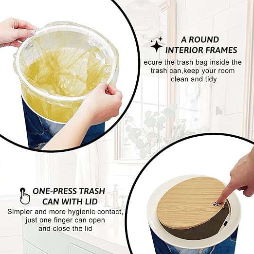 Trash Can with Lid close up view luxurious deep blue marble surface featuring intricate Press Top Round Small Garbage Bin with Wooden Legs Waste Basket for Kitchen Bedroom Nursery 7L/1.8 Gallon