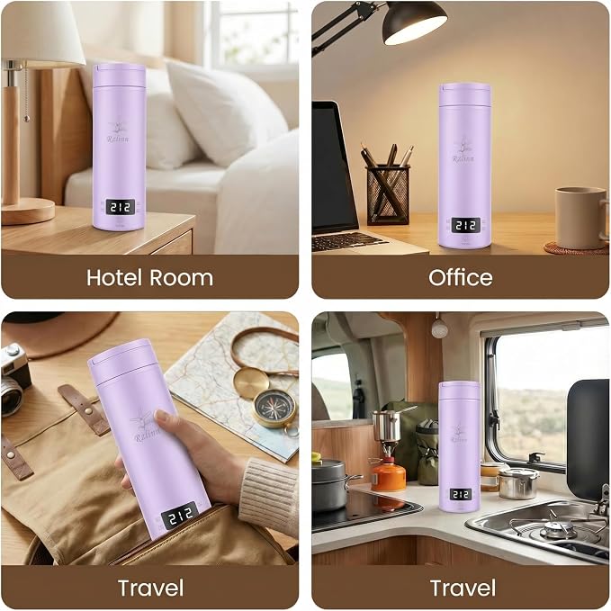 Portable Kettle (120V), Travel Kettle for Business Trips, 316-Grade Stainless Steel, 4 Temperature Settings, with Auto-Shutoff (Purple, 9.05 * 3.15)
