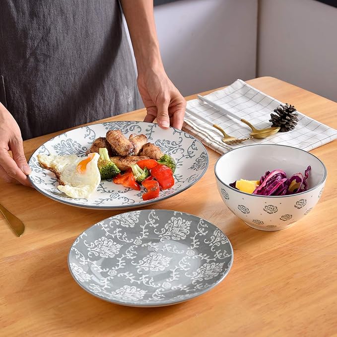 12-Piece Dinnerware Set, Ceramic Dish Set with Plates, Bowls, Nonstick, Durable Stoneware, Grey for Kitchen