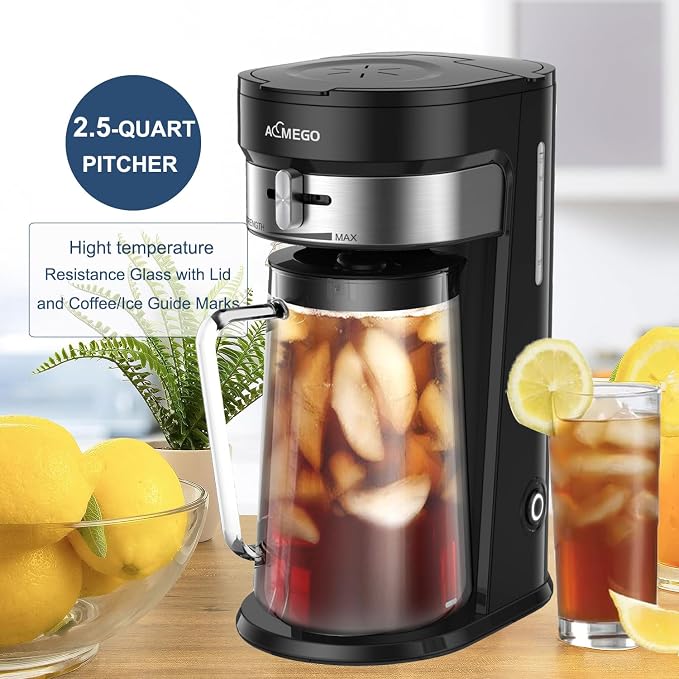 AEMEGO Iced Tea Maker, Brewing System with 2.5-quart Glass Pitcher, sliding strength selector, Stainless Steel Decoration, Reusable Filter (Black)