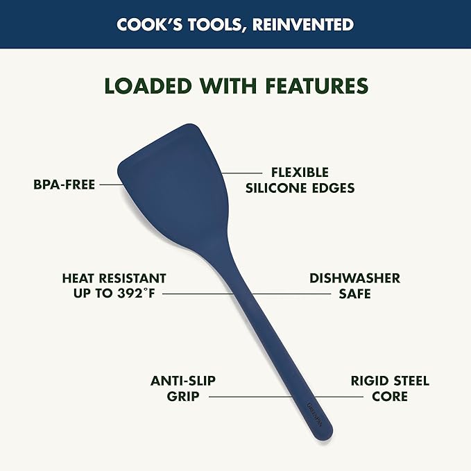 GreenPan Silicone Solid Turner Spatula, Flipping Cooking Kitchen Utensil, Flexible Rubber Nonstick Cookware, Rigid Steel Core, Heat-Resistant, Anti-Slip Handle, BPA-Free, Dishwasher Safe, Blue