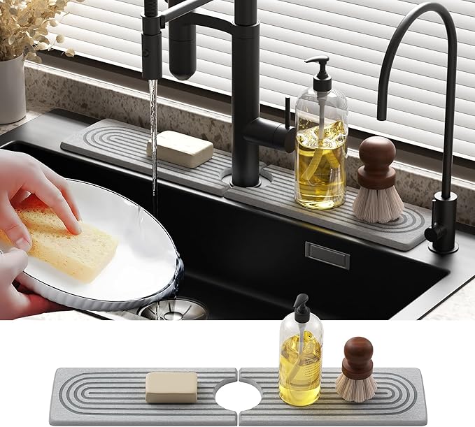 Quick Dry Sink Splash Guard - 15.8" Fast Drying Diatomaceous Earth Faucet Tray - Super Absorbent Sink Faucet Mat for Kitchen & Bathroom Countertops - Gray